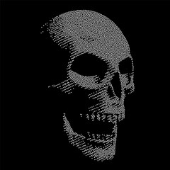 Stippled Human Skull Illustration in Three-Quarter View, White Dots Over Black Background