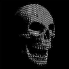 Halftoned Human Skull Illustration in Three-Quarter View, White Dots Over Black Background