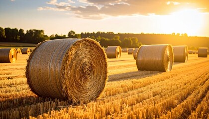 Golden straw bales scattered across a sunlit field during harvest season, showcasing agricultural beauty and serene landscape