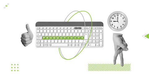Productivity, efficiency, output, organized work and effective results. Green Productivity lettering on the keyboard next to a hand with a watch and a gesture of approval. Minimalist art collage