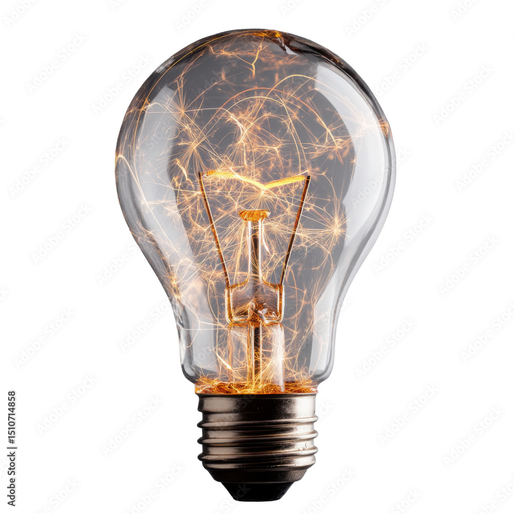 Poster light bulb with sparks inside on transparent background