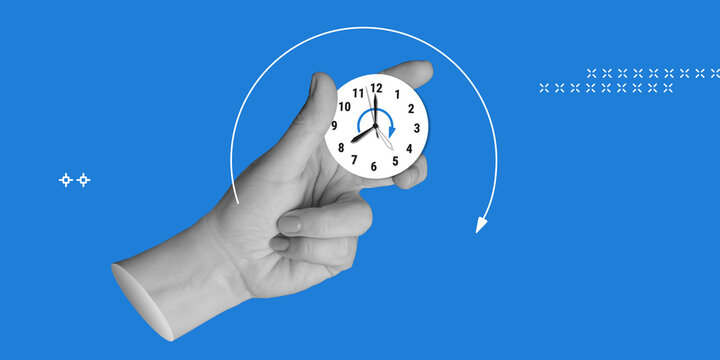 Time tracking, focus, work time concept. Hand holding watch with hand symbolising passage of time. Minimalist art collage