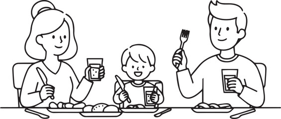 A simple line vector illustration of a family eating lunch together, isolated on a white background.