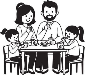 A simple, isolated black and white vector graphic depicting a family having a snack
