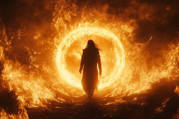 A sun god walking through fire with a halo of flames silhouette