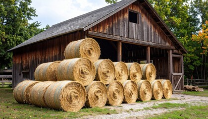 Stacked hay bales against a rustic wooden barn surrounded by lush greenery on a bright autumn day