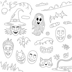A collection of spooky halloween characters and elements ready for creative coloring fun