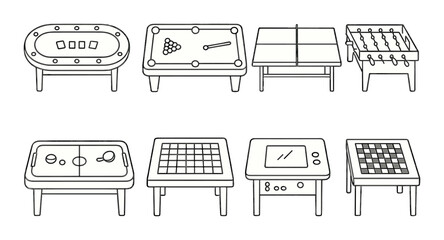 Gaming table icon set in linear style. recreation and board game symbols