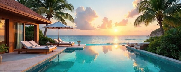 A lavish beachfront villa with infinity pool overlooking a turquoise ocean, offering ultimate relaxation and seclusion Sun loungers, palm trees, and breathtaking sunset views , sunset, rest