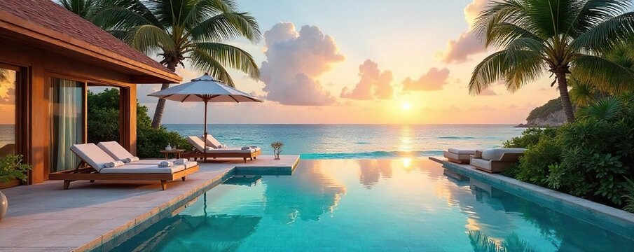 A lavish beachfront villa with infinity pool overlooking a turquoise ocean, offering ultimate relaxation and seclusion Sun loungers, palm trees, and breathtaking sunset views , sunset, rest