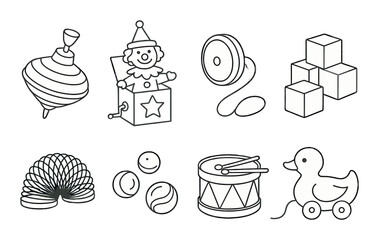 Classic toy icon set in linear style. vintage and retro plaything symbols