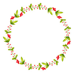 Wreath of red berries and flowers. Northern folklore, Scandinavian style. Elements of folk art design. Watercolor background, backdrop for poster, logo, postcard, invitation, label, etc.
