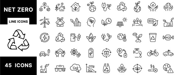Net Zero Line Icons Set Featuring Carbon Neutrality, CO₂ Reduction, Renewable Energy, Recycling, Green Living, EVs, Sustainable Industry, and Eco-Friendly Technology