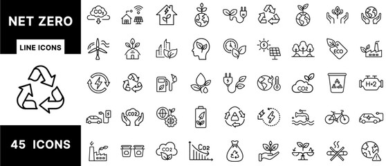 Net Zero Line Icons Set Featuring Carbon Neutrality, CO₂ Reduction, Renewable Energy, Recycling, Green Living, EVs, Sustainable Industry, and Eco-Friendly Technology