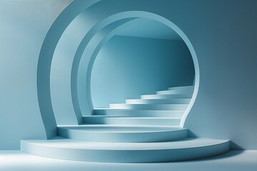 A blue archway with stairs leading up to it