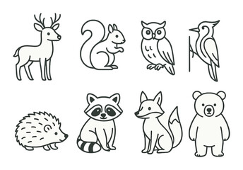 Woodland animal linear icon set. forest wildlife and nature symbols for design