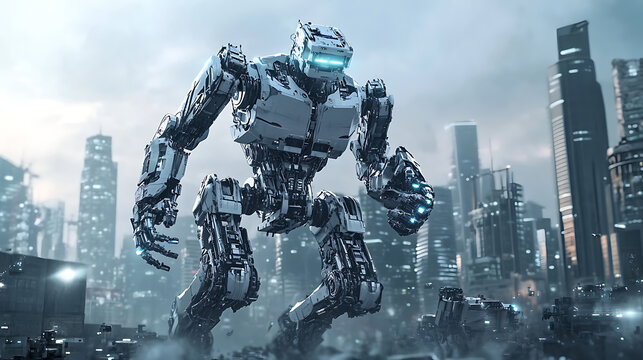 Massive Robot Dominates Futuristic Cityscape