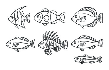 Tropical fish icon set in linear style. ocean and marine life symbols