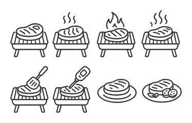 Grill cooking stages icon set in linear style. bbq, roasting, and grilling symbols