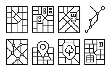 Urban map silhouette icon set. city navigation and location tracker symbols
