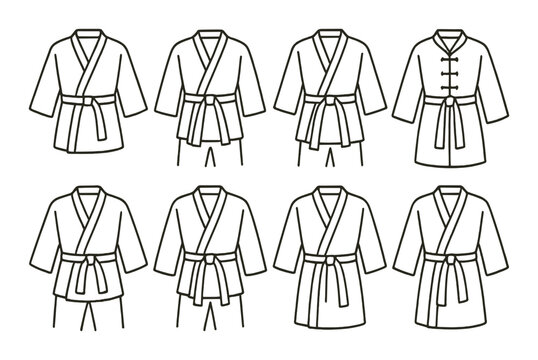 Martial arts robes icon set in linear style. traditional uniform and attire symbols