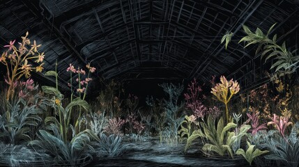 Enchanted Indoor Garden with Vibrant Flowers and Dark Background Offering a Unique Artistic Perspective on Nature