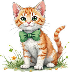 Charming kitten with green bow tie perfect for St Patrick's Day celebration in soft watercolor style, kids illustration