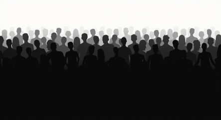  silhouette artwork showing a large, layered crowd of people in black and gray tones. 