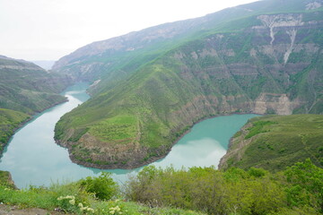 View of the Sulak canyon. A river in the mountainous region of Dagestan.