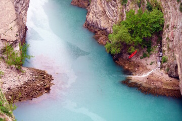 View of the Sulak canyon. A river in the mountainous region of Dagestan.