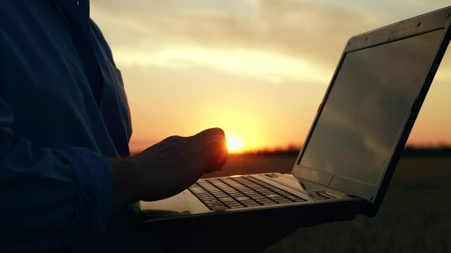 Laptop in hands of businessman outdoors, close-up. Businessman farmer with laptop working on field, estimating grain harvest. Farmer man working on computer, sunset. Agricultural business concept