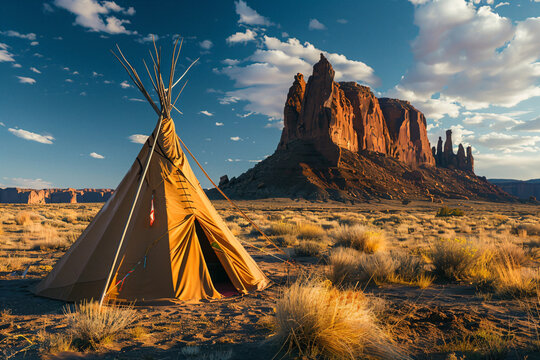 a teepee in the desert with a mountain in the background - Powered by Adobe