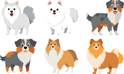 Different dogs breeds set. Cute purebred doggies, puppies. Corgi, Akita Inu, Bobtail, Border Collie, English bulldog pedigrees collection. Flat vector illustrations isolated on white background

