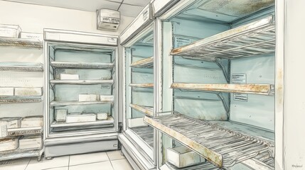 Empty Commercial Refrigeration Unit in Grocery Store with Metal Shelving and Clean Background
