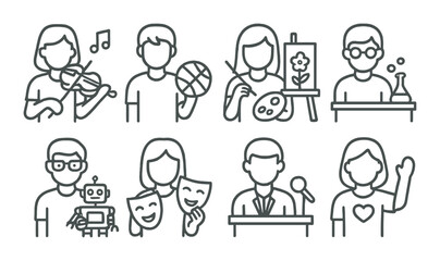Extracurricular student icon set in linear style. school activities and hobbies symbols