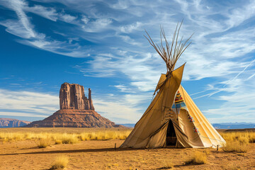 a teepee in the desert with a mountain in the background