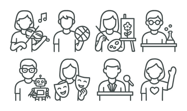 Extracurricular student icon set in linear style. school activities and hobbies symbols