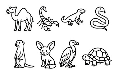 Desert animal icon set: linear style figures for wildlife, fauna, and species themes
