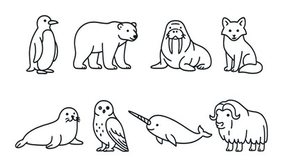Polar animal icon set in linear style. arctic wildlife design and arctic fauna concepts