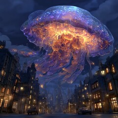 A giant bioluminescent jellyfish drifts through a dark, surreal cityscape, illuminating the buildings below with vibrant blue and orange light.