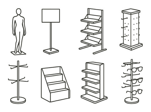 Retail display stands icon set. linear style fixtures and merchandising symbols