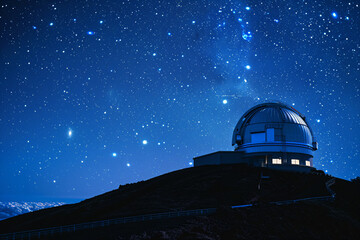 a large telescope on a hill with a sky full of stars