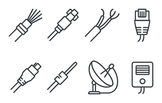 Communication icons set in linear style. wired connection and network symbols