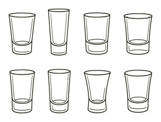 Drinkware linear icon set. shot glasses and barware symbols for beverages