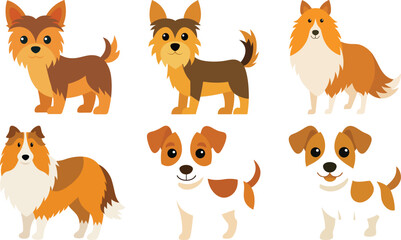 Obraz premium Different dogs breeds set. Cute purebred doggies, puppies. Corgi, Akita Inu, Bobtail, Border Collie, English bulldog pedigrees collection. Flat vector illustrations isolated on white background 