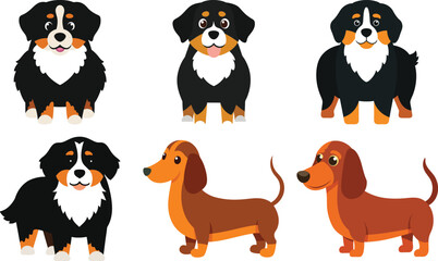 Different dogs breeds set. Cute purebred doggies, puppies. Corgi, Akita Inu, Bobtail, Border Collie, English bulldog pedigrees collection. Flat vector illustrations isolated on white background
