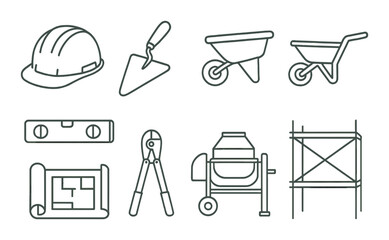 Construction tools icon set in simple linear style: building and industrial symbols