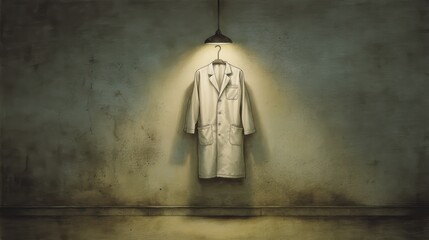 Hanging Lab Coat Under Soft Light in Dimly Lit Room, Symbolizing Science and Research Environment