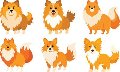 Different dogs breeds set. Cute purebred doggies, puppies. Corgi, Akita Inu, Bobtail, Border Collie, English bulldog pedigrees collection. Flat vector illustrations isolated on white background
