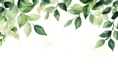 Watercolor painting of green plants and leaves on a background with white space in the middle
